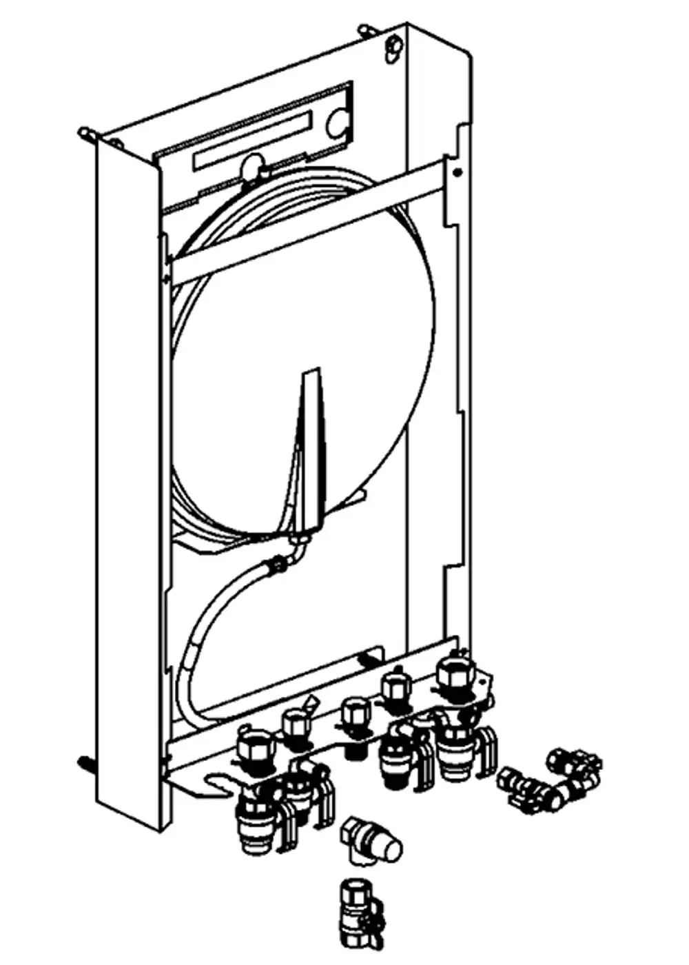 Illustration eines Montage-Set für Daikin Produkte, bestehend aus verschiedenen Anschlussstücken und Rohren, um eine Installation zu unterstützen.